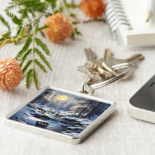 Fantasy Schattige Moon Winter Forest Sleutelhanger (Zijkant)