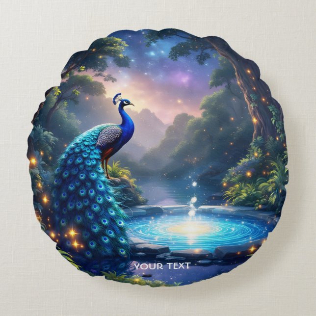 Fantasy Schattige Night Puddle Peacock Rond Kussen (Voorkant)