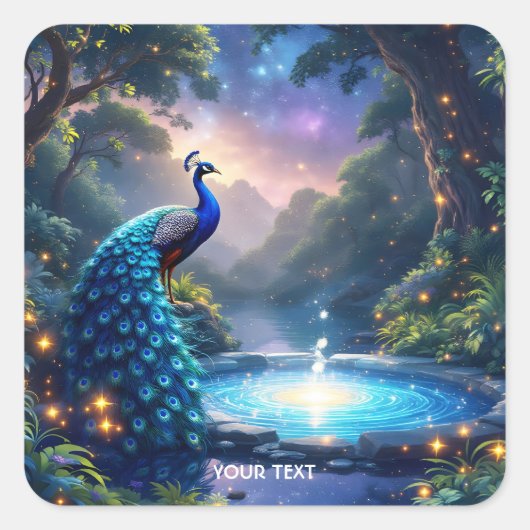 Fantasy Schattige Night Puddle Peacock Vierkante Sticker (Voorkant)