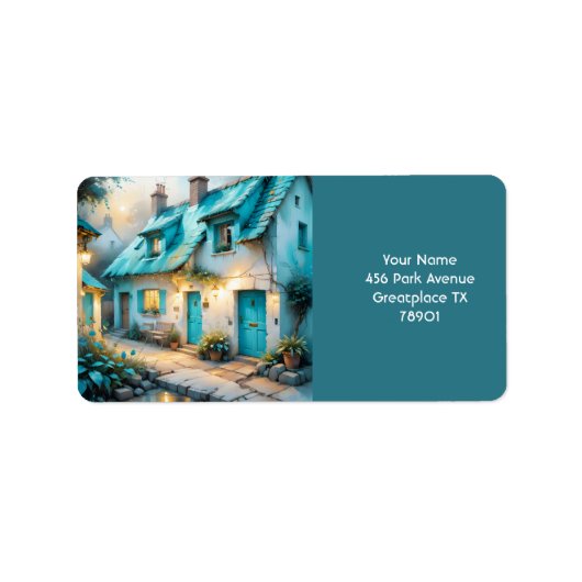 Fantasy Schattige Old Blue House Etiket (Voorkant)