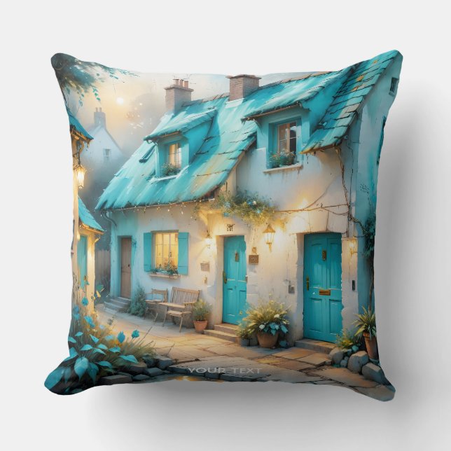 Fantasy Schattige Old Blue House Kussen (Voorkant)