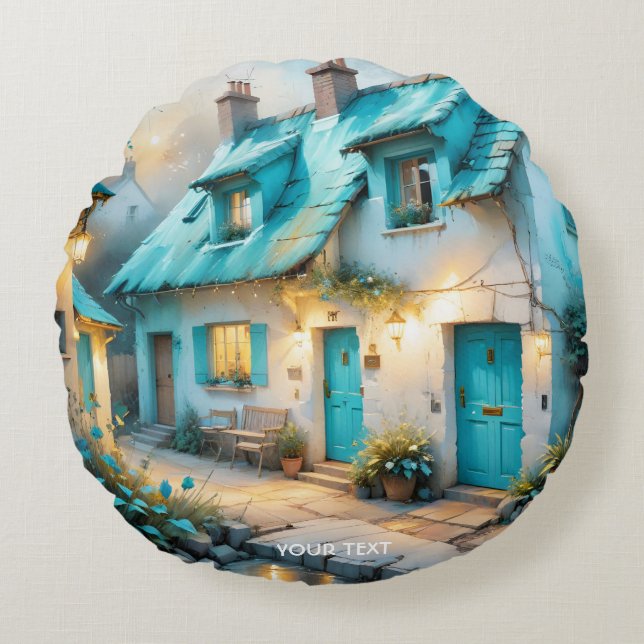 Fantasy Schattige Old Blue House Rond Kussen (Voorkant)