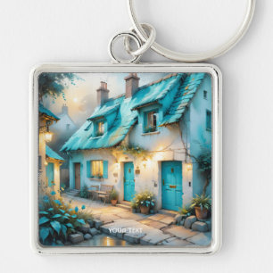 Fantasy Schattige Old Blue House Sleutelhanger