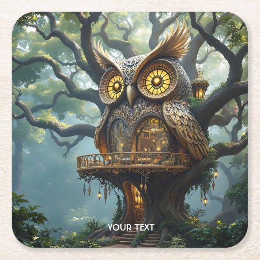 Fantasy Schattige Owl Tree Forest Kartonnen Onderzetters (Voorkant)
