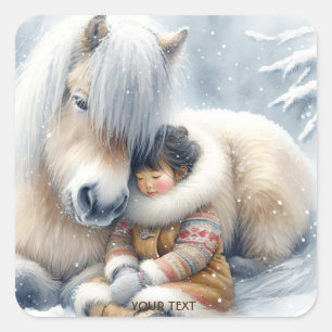 Fantasy Schattige Paard Meisje Winter Vierkante Sticker