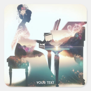 Fantasy Schattige Pastel Piano Girl Vierkante Sticker