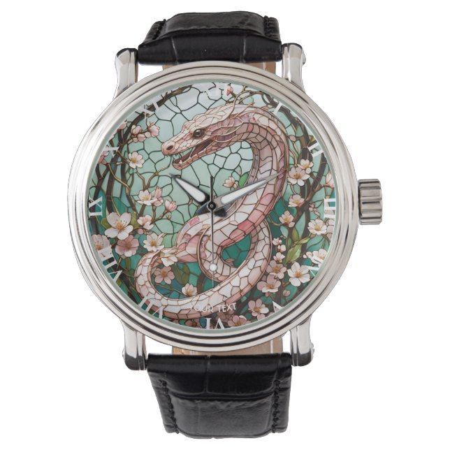 Fantasy Schattige Pink Snake Sakura Horloge (Voorkant)