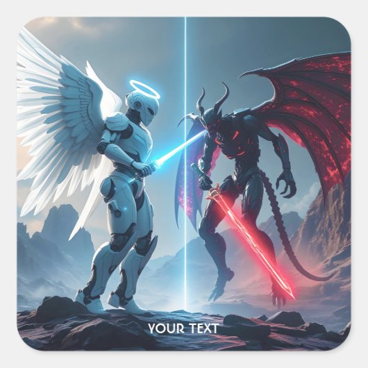 Fantasy Schattige Robot Demon Fighting Vierkante Sticker (Voorkant)