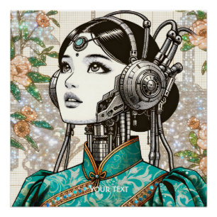 Fantasy Schattige Robot Girl Flowers Perfect Poster