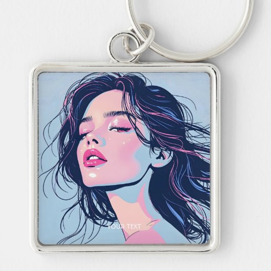 Fantasy Schattige Roze Blauw Meisje Sleutelhanger (Voorkant)