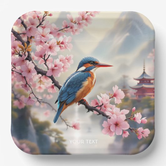 Fantasy Schattige Sakura Bird Blue Papieren Bordje (Voorkant)