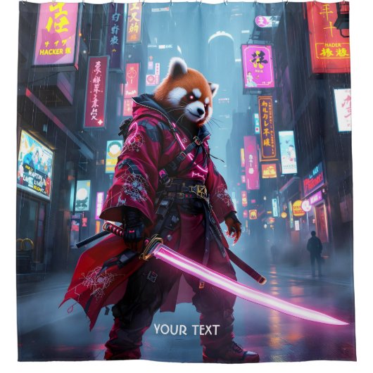 Fantasy Schattige Samurai Rode Panda Douchegordijn (Voorkant)