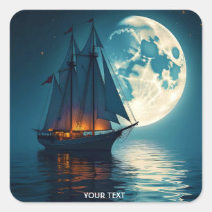 Fantasy Schattige Ship Night Moon Vierkante Sticker