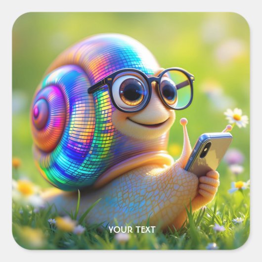 Fantasy Schattige Snail Telefoonbloemen Vierkante Sticker (Voorkant)