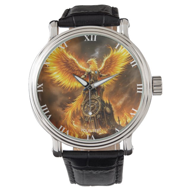 Fantasy Schattige Steampunk Flames Phoenix Horloge (Voorkant)