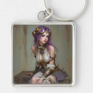 Fantasy Schattige Steampunk Paarse Meisje Sleutelhanger