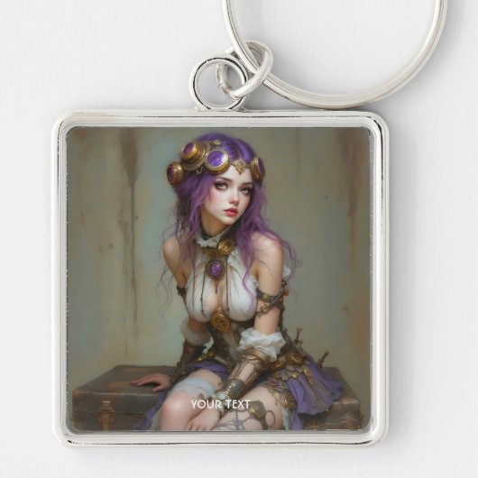 Fantasy Schattige Steampunk Paarse Meisje Sleutelhanger (Voorkant)