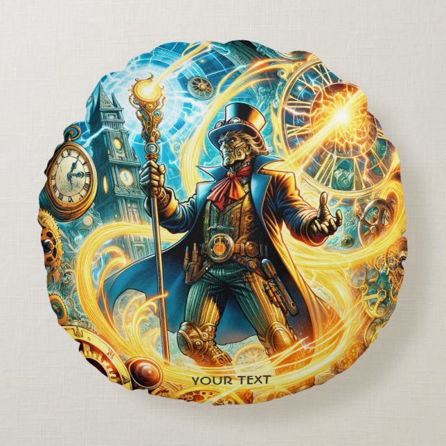 Fantasy Schattige Steampunk Tijd Wizard Rond Kussen (Voorkant)