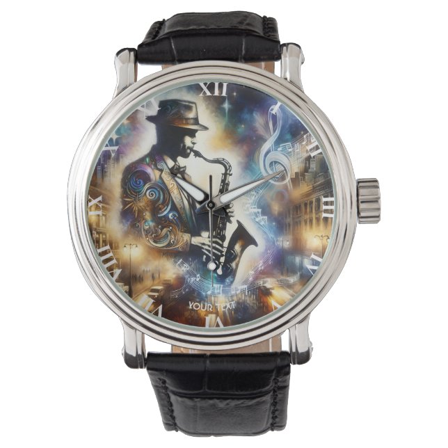 Fantasy Schattige Straatmuzikant Saxofoon Horloge (Voorkant)