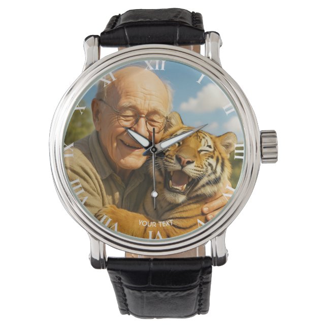 Fantasy Schattige Tijger Oude Man Horloge (Voorkant)