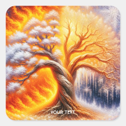 Fantasy Schattige Tree Fire Snow Vierkante Sticker (Voorkant)