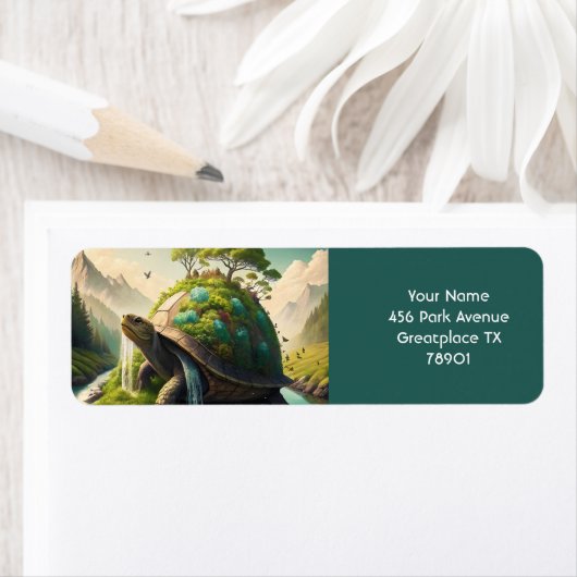 Fantasy Schattige Turtle Waterfall Forest Etiket (Insitu)