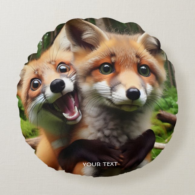 Fantasy Schattige Two Foxes Forest Rond Kussen (Voorkant)