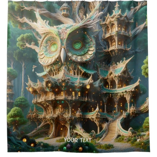 Fantasy Schattige Uil Tree House Douchegordijn (Voorkant)