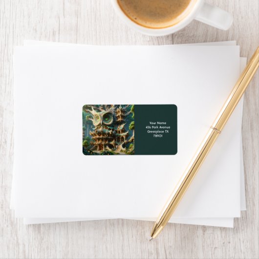 Fantasy Schattige Uil Tree House Etiket (Insitu)