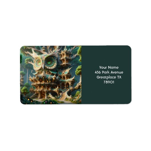 Fantasy Schattige Uil Tree House Etiket (Voorkant)