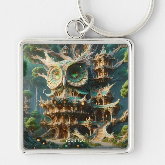 Fantasy Schattige Uil Tree House Sleutelhanger (Voorkant)