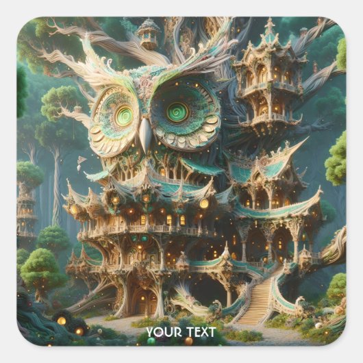 Fantasy Schattige Uil Tree House Vierkante Sticker (Voorkant)