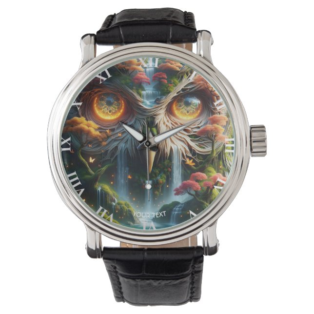 Fantasy Schattige Uil Waterval Trees Horloge (Voorkant)