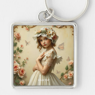 Fantasy Schattige Victoriaans Meisje Bloemen Sleutelhanger