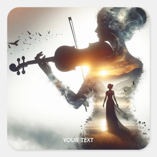 Fantasy Schattige Vioolmeisje Zon Vierkante Sticker (Voorkant)