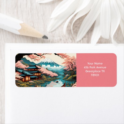 Fantasy Schattige Vivid Cherry Japans Landschap Etiket (Insitu)