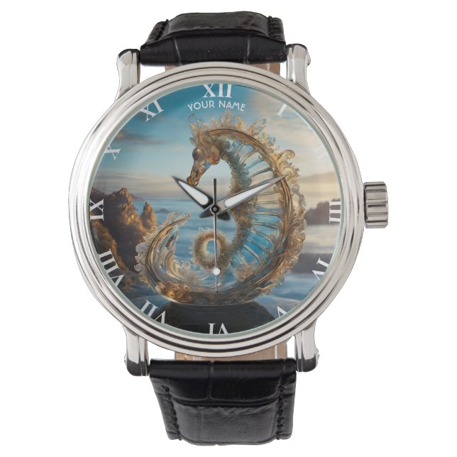Fantasy Schattige Vivid Glass Seahorse Horloge (Voorkant)