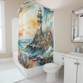 Fantasy Schattige Vivid Lighthouse Cartoon Storm Douchegordijn (In situ)