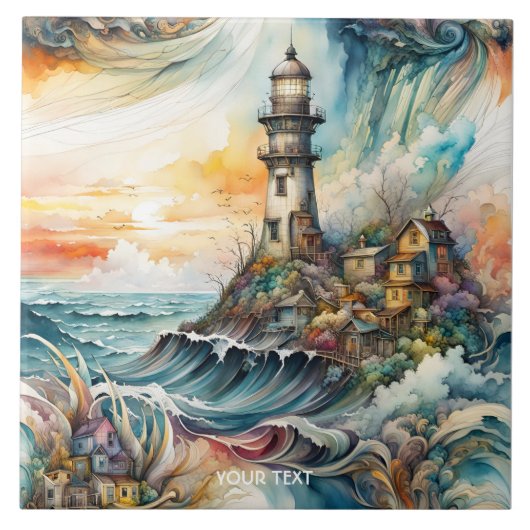 Fantasy Schattige Vivid Lighthouse Cartoon Storm Tegeltje (Voorkant)