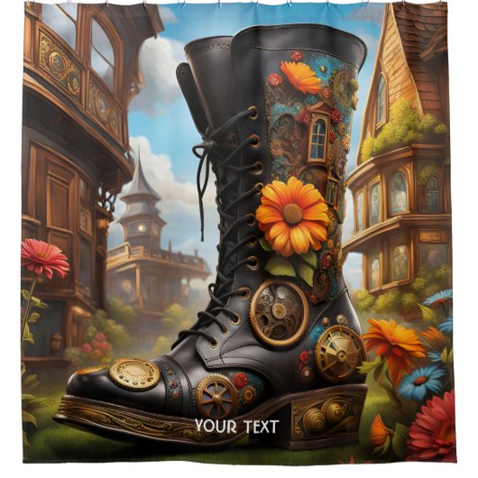 Fantasy Schattige Vivid Steampunk Boot House. Perf Douchegordijn (Voorkant)