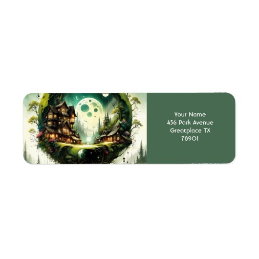 Fantasy Schattige Vivid Tree House Moon Etiket (Voorkant)