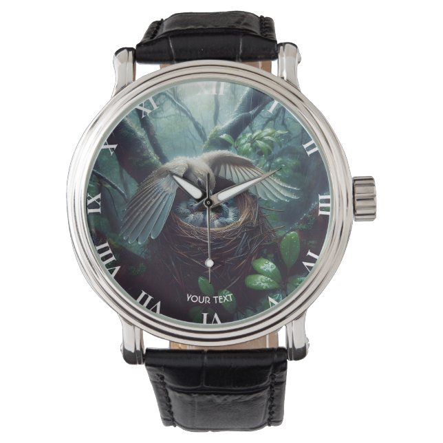 Fantasy Schattige Vogelnestregen Horloge (Voorkant)