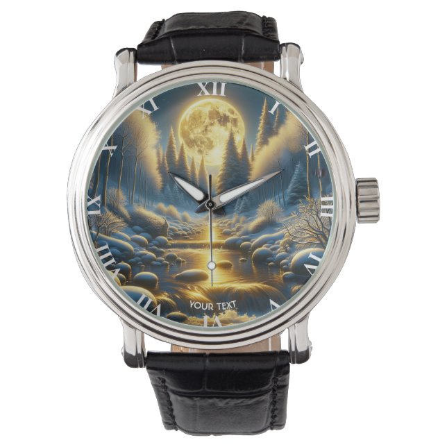 Fantasy Schattige Winter Moon River Horloge (Voorkant)