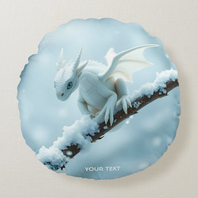 Fantasy Schattige Witte Baby Dragon Rond Kussen (Voorkant)