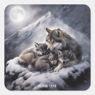 Fantasy Schattige Wolf Family Winter Vierkante Sticker