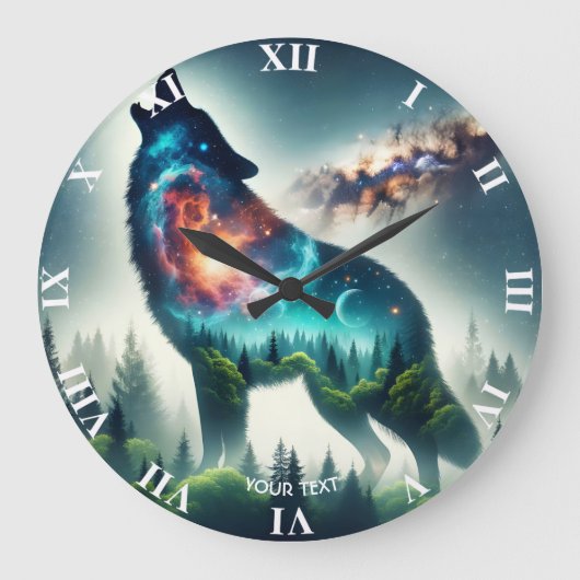 Fantasy Schattige Wolf Forest Space Grote Klok (Voorkant)