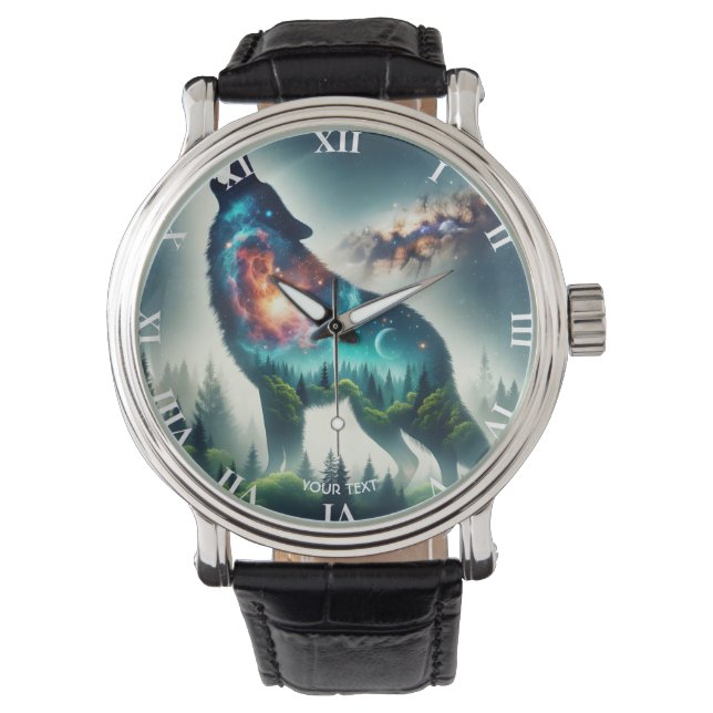 Fantasy Schattige Wolf Forest Space Horloge (Voorkant)