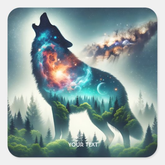 Fantasy Schattige Wolf Forest Space Vierkante Sticker (Voorkant)