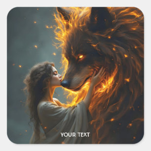 Fantasy Schattige Wolf Girl Fire Vierkante Sticker