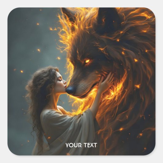 Fantasy Schattige Wolf Girl Fire Vierkante Sticker (Voorkant)